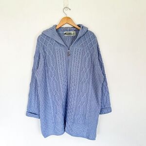 Aran Crafts Blue  Vintage Merino Wool Longer Length Full Zip Hooded Fisherman Kn
